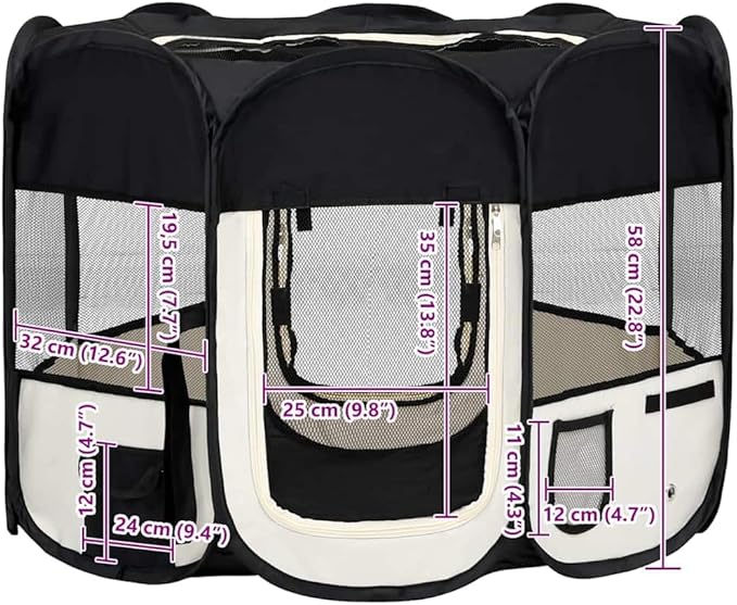 vidaXL Dog Playpen Black and Cream Polyester, Steel 35.4x35.4x22.8 in