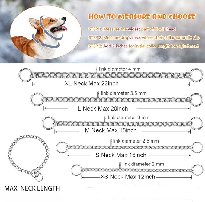 Silver Dog Chain Collar for Large Dogs, Slip P Heavy Duty Martingale Collar Training Metal Link for XS Small Medium Large Big Breed Dogs, XL