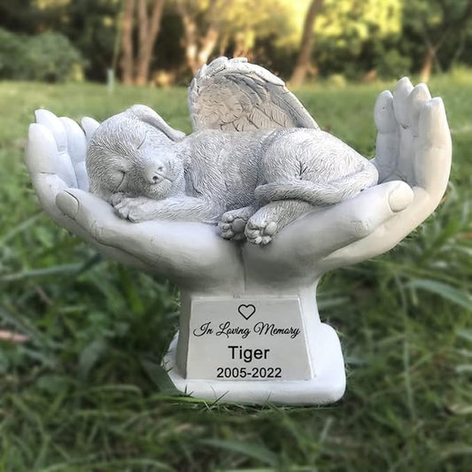 Personalized Memorial Dog Angel Tribute Statue with in God's Hands, Pet Dog Grave Marker Headstone Memorial Garden Stones-Customizable Name and Date