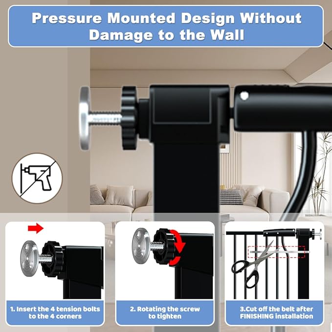 40.55" Extra Tall Baby Gate for Stairs-71.3"-76.7" Wide 1.37" Ultra Narrow Spacing Extra Wide Pet Cat Gate Dog Gate-Auto-Close Pressure Mounted Dog Door for Pets and Kids,Black