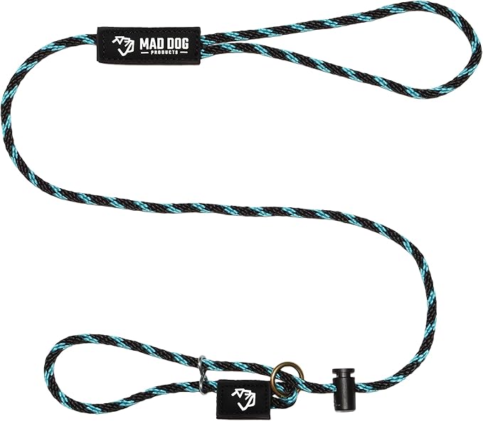 Mad Dog Products Easy Leader Dog Leash 1/4" x 6' Black/Sky Blue Signature Rope - Made in USA