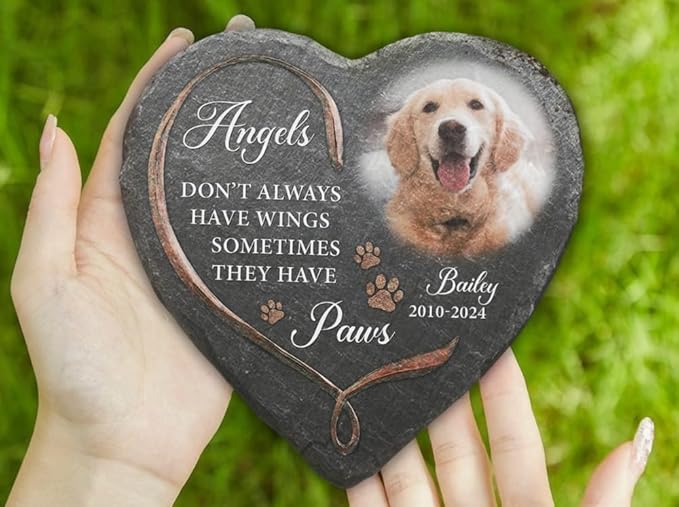 Wrappiness Pet Memorial Stone - Angels Sometimes Have Paws, Personalized Dog Memorial Gifts, Remembrance Condolences Bereavement Gifts for Loss of Pet Custom Photo (Heart 02, Stone)