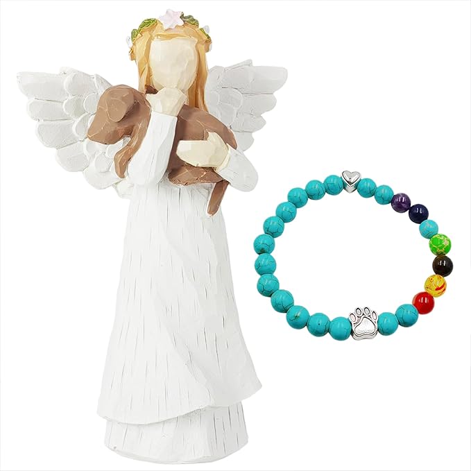 Pet Sympathy Gift for Loss of Dog,Angel Holding Dog Memorial Figurine with Rainbow Bridge Bracelet, Hand-Painted Remembrance Keepsake, Thoughtful Bereavement Gift