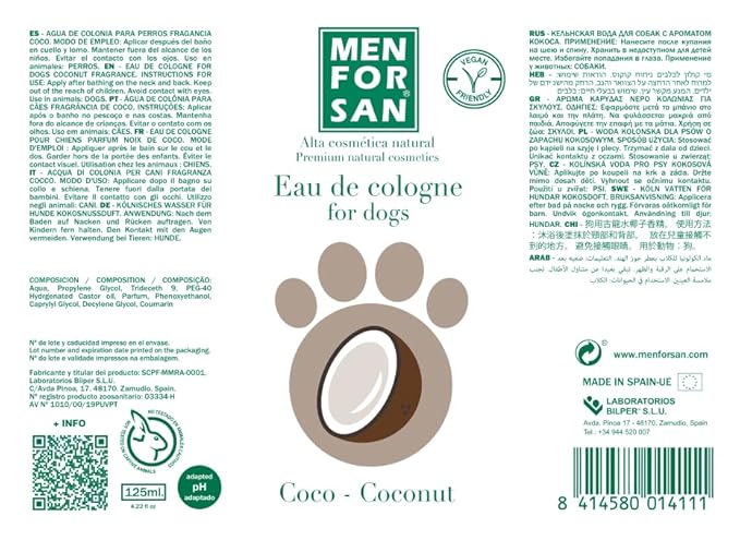 MENFORSAN Eau de Cologne Coconut for dogs 100% Natural, Vegan-Friendly, Alcohol Free