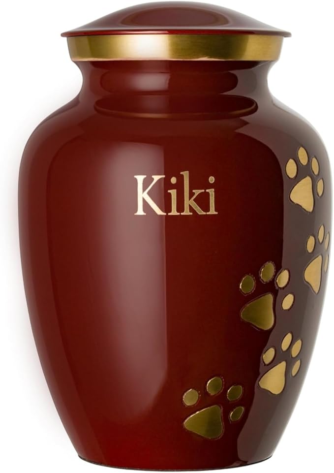 Ottillie Paws Premier Series Pet Urn for Dogs with Personalized Laser Engraving (Large - Pets up to 115 lbs, Crimson with Vertical Brass Paws)