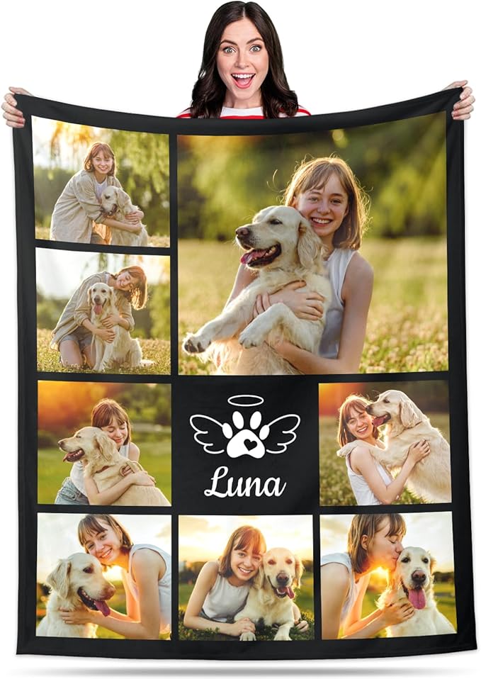Pet Memorial Blanket Gift - Personalized Dog Memorial Blanket with Photo Name, Pet Sympathy Gifts for Dogs Lovers, Custom Loss of Dog Grief Blankets, Pets Remembrance Bereavement Gifts (8 Photos)