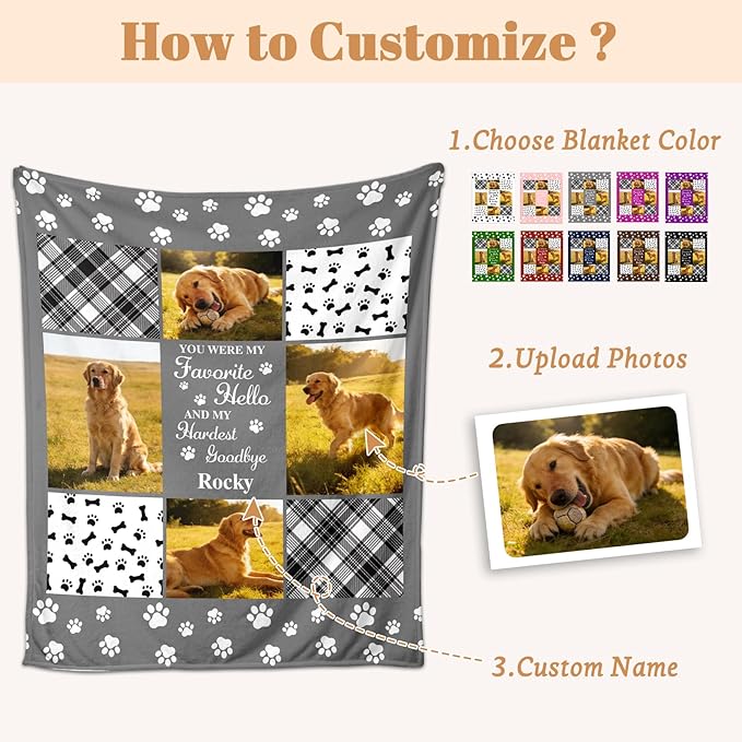 Custom Pet Memorial Blanket, Personalized Dog Memorial Blanket Gifts for Loss of Dogs, Customized Pet Throw Blanket with Photos, Dog Remembrance Bereavement Gift, in Memory of Dogs Gift for Pets Lover