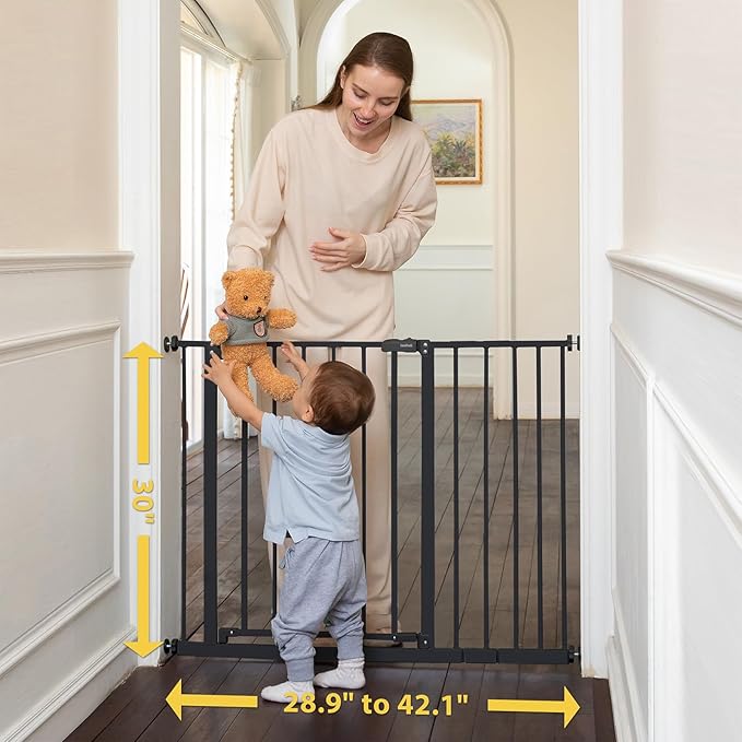 InnoTruth Baby Gate for Stairs 28.9-42.1" Wide, 30" Tall Easy Step Walk Through Expandable Dual Lock Dog Gates for The House，Pressure Mounted Easy Install Pet Gate for Doorways, Black