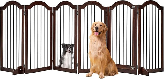 PrimeZone 144" Extra Wide Dog Gate - 36" Tall 6-Panel Solid Acacia Wooden Freestanding Puppy Gates with Door, Foldable Indoor Pet Fence for Doorways, Stairs, Support Feet Included, Brown