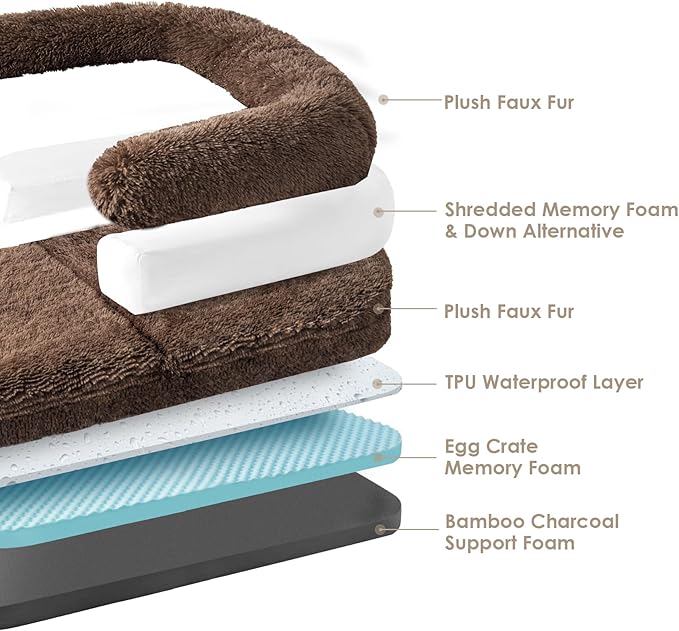 EHEYCIGA Foldable XL Dog Bed, 46"x34"x6.5" Faux Fur Fluffy Pet Couch Bed for Large Dogs, Orthopedic Calming Memory Foam Big Pet Bed, Washable Soft Pet Sofa Bed with Non-Slip Bottom, Brown