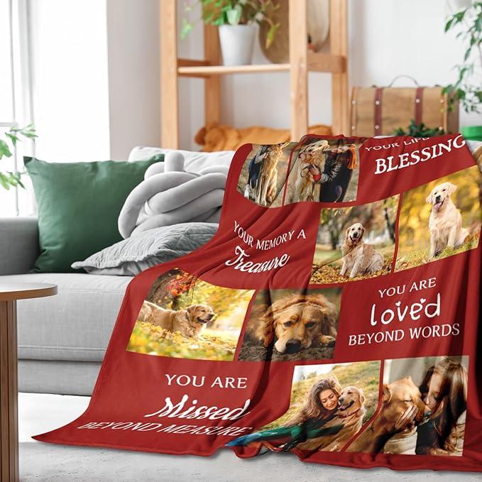 Pet Memorial Blanket Gift - Personalized Dog Memorial Blanket with Photo Name, Pet Sympathy Gifts for Dogs Lovers, Custom Loss of Dog Grief Blankets, Pets Remembrance Bereavement Gifts (8 Photos)