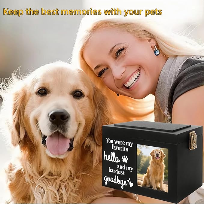 Memorial Pet Urn for Dog Ashes, Wooden Pet Keepsake Box with Photo Frame, Flannel Bag & Keychain, Sympathy Gift for Pet Loss (Medium 7.9x5.9x5.5in)