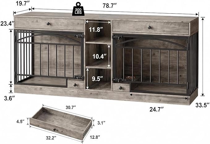 GarveeHome Dog Crate Furniture for 2 Dogs, Dog Kennel Indoor with Storage and Feeding Bowls, Double Dog Crate TV Stand for Small Medium Dogs, Grey
