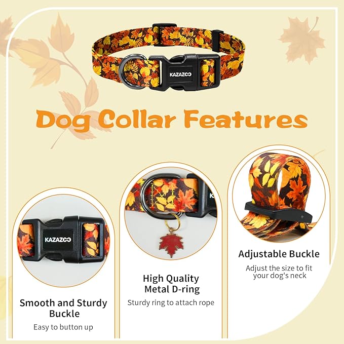 Kazazoo Dog Collar Cute and Soft Nylon Puppy Collar for Boy and Girl, Adjustable Dog Collars for Small Medium Dogs, Maple Leaf-S