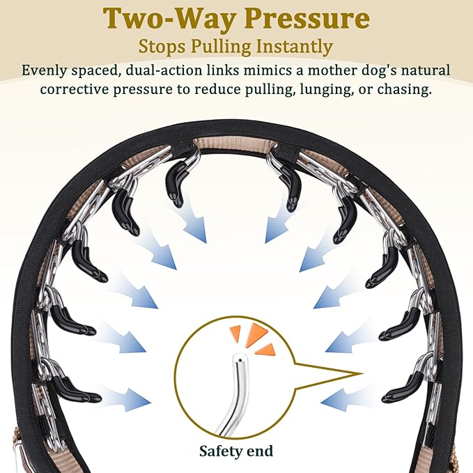 Mayerzon Prong Collar for Large Medium Dogs, Patented Reflective Pinch Collar with Metal Buckle, No Pull Adjustable Hidden Covered Dog Walking Training for Pitbull German Shepherd Doberman(Brown, L)