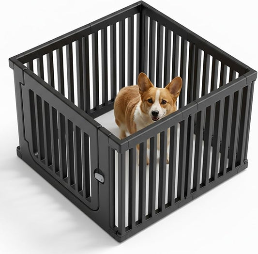 7 Panels Plastic Dog Playpen, Expandable & Durable Pet Fence - Indoor & Outdoor Portable with Secure Locking Door, Durable Safety Play Pen with Puppy, Cat, Small Animal(Black, 23.62" H)