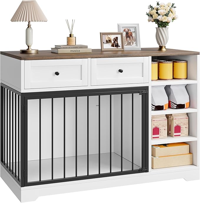 Dog Crate Furniture 47", Large Dog Crate TV Stand with 2 Drawers and 4 Shelves, Wooden Dog Kennel Indoor, Decorative Dog Cage with Storage for Large Dogs, White