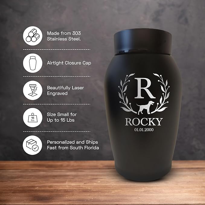 Personalized Custom Small Keepsake Urn Engraved with Pet Name, Date, and Dog Design - 5.2" Black Powder Coated Steel Cremation Urn for Dogs Ashes | 12-16 lb Capacity, Flower Border