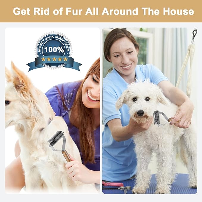 Undercoat Rake for Dogs, Dematting Comb for Dogs and Cats with Wood Handle, Deshedding Dog Brush for Remove Mats, Long-Haired Pets Grooming Rake, Large