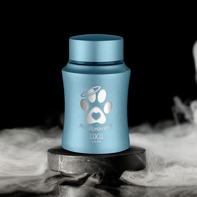 Customized Small Keepsake Urn Personalized Engraved with Pet Name, Date, and Dog Design - 4" Powder Coated Cremation Mini Compact Urn for Dogs Ashes | 5–10 Lbs Capacity | Powder Blue, Leaves Border