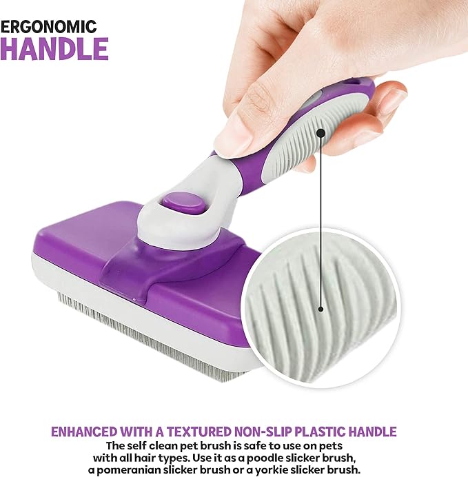 POODLIE Dog Grooming Brush, Self Cleaning Slicker Brush for Dogs and Cats - Removes Tangles, Loose Hair - Poodles, Pomeranians, Yorkies, Soft Pins - Purple