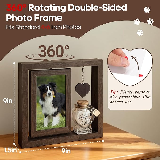 Dog Memorial Gifts for Loss of Dog – Rotating Wooden 4x6 Picture Frame with Fur Keepsake Jar & Writable Name Card, Pet Remembrance Sympathy Gift for Dog & Cat Lovers (Brown)
