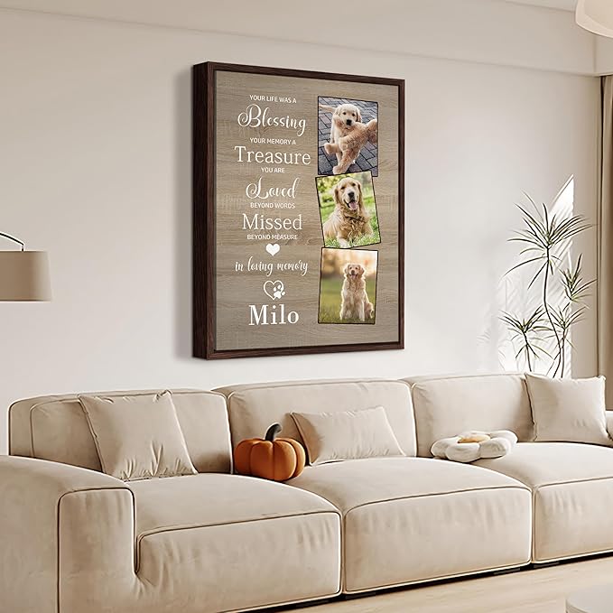 Custom Dog Memorial Gifts, Dog Memorial Canvas Framed with Photo, Personalized Paw Prints with Name and Text, Dog Loss Sympathy Ornament Gift for Dog Cat Lover Owners