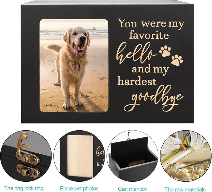 Pet Memorial Urns for Dog or Cat Ashes, Large Wooden Funeral Cremation Urns with Photo Frame, Keepsake Memory Box with Black Flannel Lining