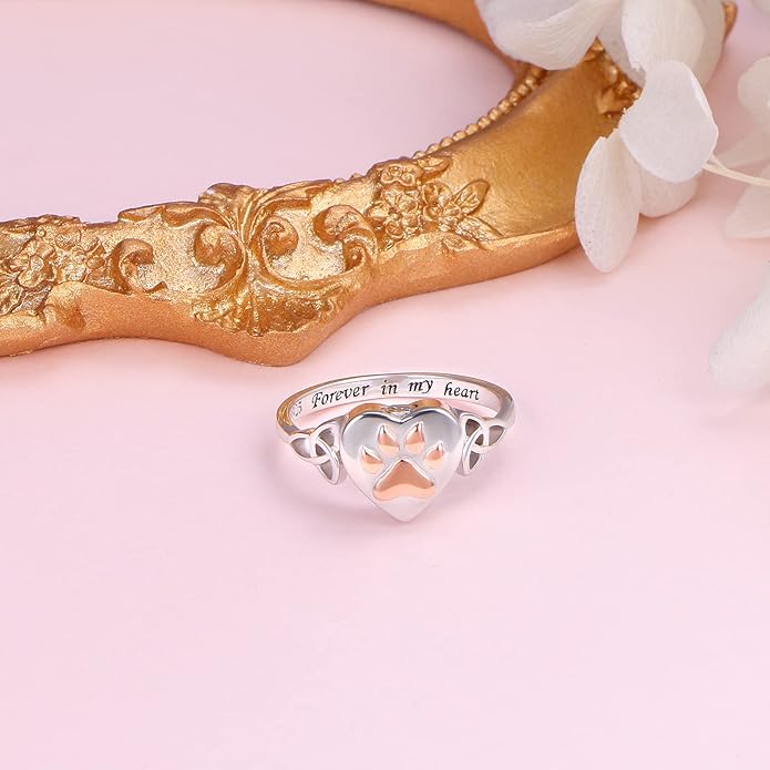 S925 Sterling Silver Heart Dog Cat Pet Urn Paw Ring for Ashes Keepsake Memorial Jewelry Cremation Print Bands Women Gift