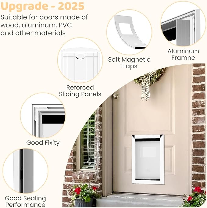 HARDLIGHT Aluminum Frame Doggie Door - Up to 30 LBS, Double Soft Flaps with Magnetic Closure, Adjustable Telescoping Tunnel Doggy Door with 2 Sliding Panels, Easy Install, Snow White, Medium