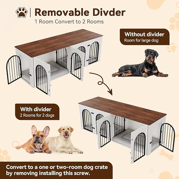71" Large Dog Crate Furniture for 2 Dogs, Wooden Double Dog Crate, Indoor Dog Kennel TV Stand with Divider and Cushion for Large Medium Dogs, White/Brown
