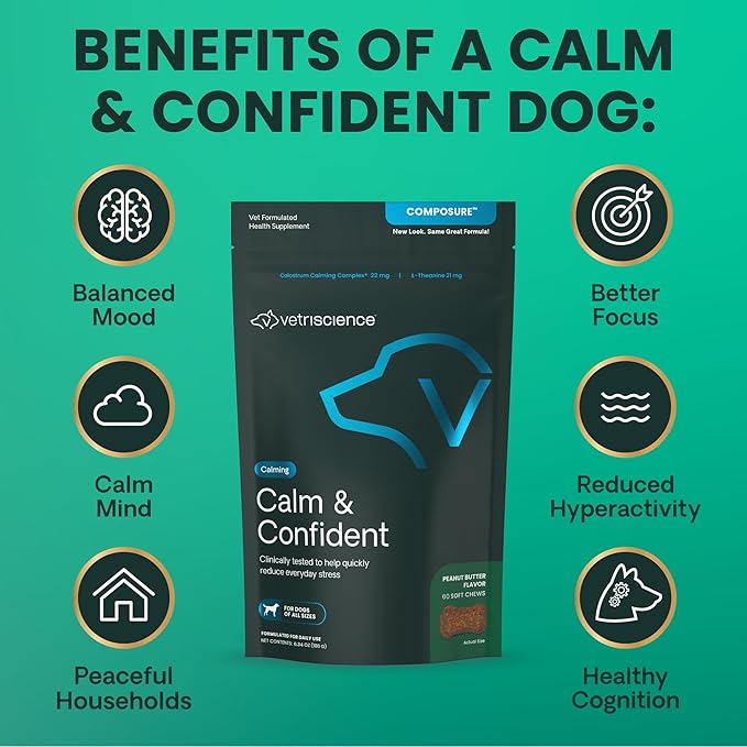 VetriScience Clinically Tested Composure Calm & Confident Chews - Supplement for Dogs with Anxiety, Stress & Fear with L-Theanine for Thunderstorms, Fireworks or Travel, Peanut Butter, 60 Count