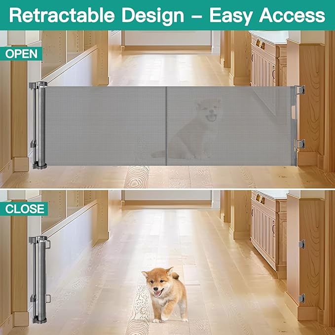 20 Inches Tall Retractable Short Dog Gate to Step Over, Short Pet Gates for The House, Extends up to 55" Wide, Small Dog Gate Indoor Puppy Gate Mesh Doggie Gates Low Dog Gate (Gray)