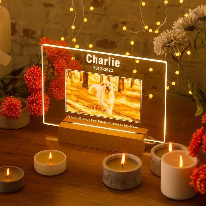 Bemaystar Personalized Dog Memorial Gifts Custom Dog Memorial Night Lights for Grieving Pet Owners, Pet Loss Gifts Cat memorial gifts Loss of Dog Sympathy Gift with Picture Name Date Custom Plaque