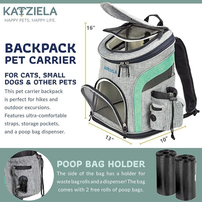 Katziela Pet Carrier Backpack - for Small Dogs and Cats - Water Bottle, Waste Bag and Storage Pouches, 3 Mesh Windows, Leash Hook - 3 Option Top: Open, Mesh or Shade - Bonus: 2 Poop Bag Rolls – Green