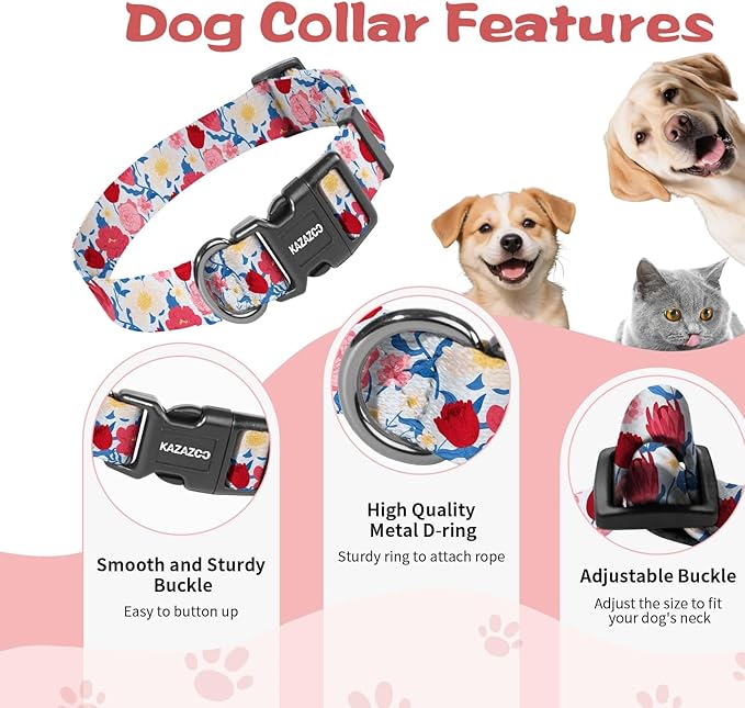 Kazazoo Dog Collar Cute and Soft Nylon Puppy Collar Girl, Adjustable Dog Collars for Small Medium Dogs, Blue and Pink Flowers-M