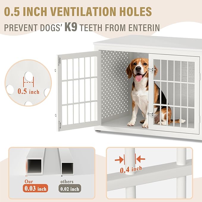 38" Heavy Duty Dog Crate Furniture for Large and Medium Dogs,Wooden Metal Kennel for High Anxiety Dogs, Chew Proof Pet Cage Indoor, Decorative Dog Kennel End Table, White