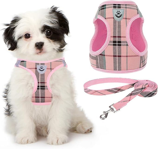 KOOLTAIL Dog Harness for Small Medium Dogs ,Dog Harness and Leash Set, Step in No Pull Soft Mesh Padded Adjustable and Reflective Pet Vest Harness Puppy, Plaid Extra Harness for XS S Dogs, Pink S