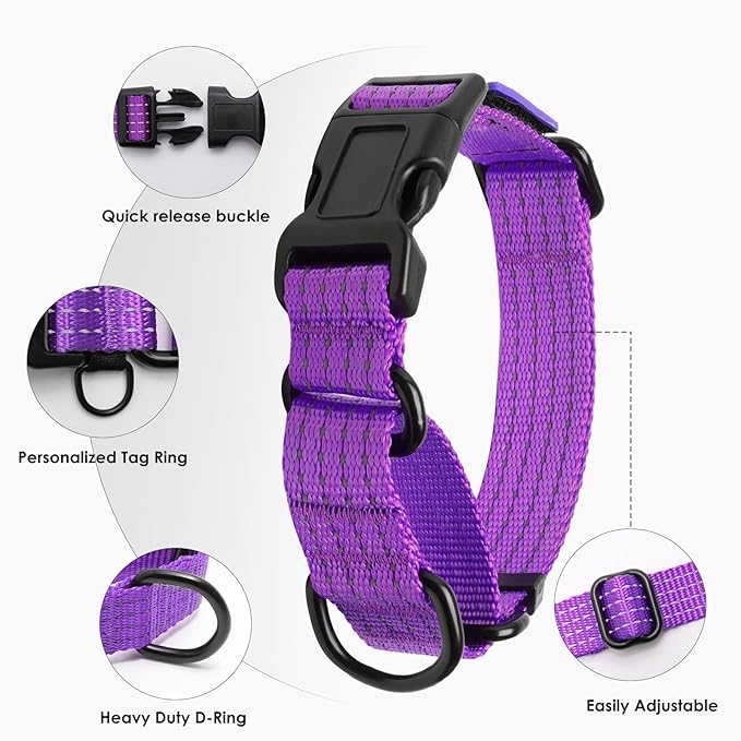 Martingale Dog Collar, Reflective No Pull Training Collar with Quick Release Buckle & USA Flag, Heavy-Duty Nylon, Adjustable for Small Medium Large Dogs (M,Purple