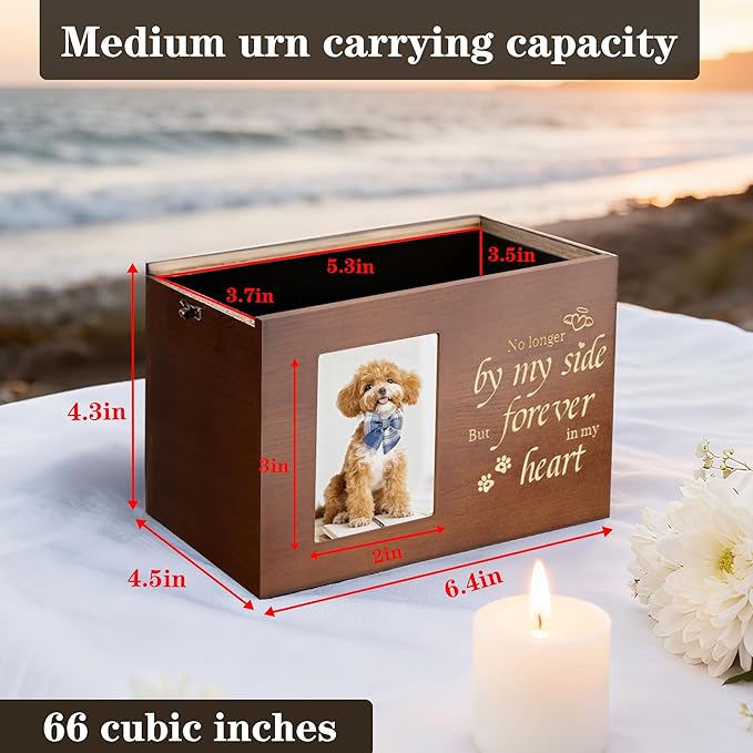 Pet Urns for Dogs or Cats Ashes with Photo Frame, Wooden Memory Box for Keepsakes with Black Flannel as Lining, Pet Memorial Gifts for Dogs (Brown Medium)