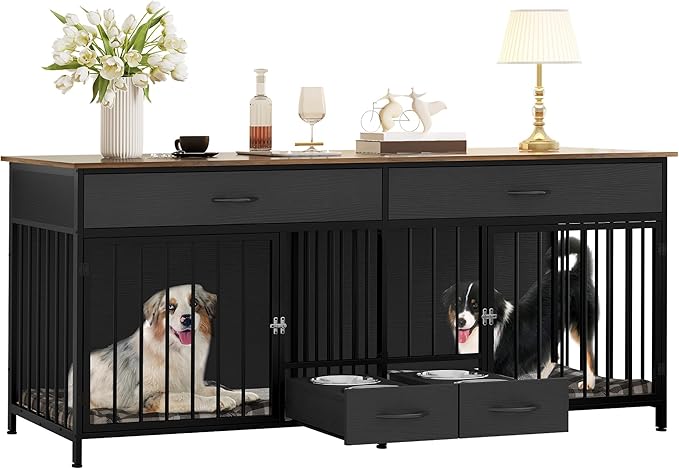 YITAHOME 74.8" Double Dog Crate Furniture with Dog Feeder, Heavy Duty Indoor Dog Kennel TV Stand with Drawers, Sturdy Dog Kennel with Divider for 2 Medium Large Dogs, Black