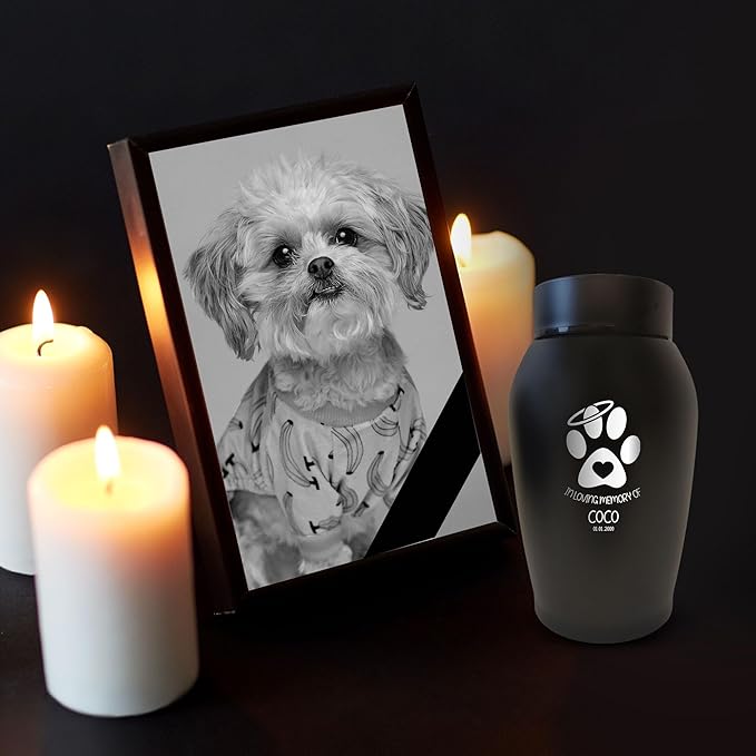 Personalized Custom Small Keepsake Urn Engraved with Pet Name, Date, and Dog Design - 5.2" Black Powder Coated Steel Cremation Urn for Dogs Ashes | 12-16 lb Capacity, Dog Paws