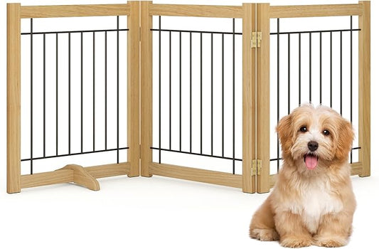 Wire Dog Gate Solid Wood Frame, Anti-Chewing Pet Gate Indoor Freestanding Indoor Foldable Dog Fences for Stairs, House, Doorway Extra Wide, 3-Panel, 60" Wide Oak Color