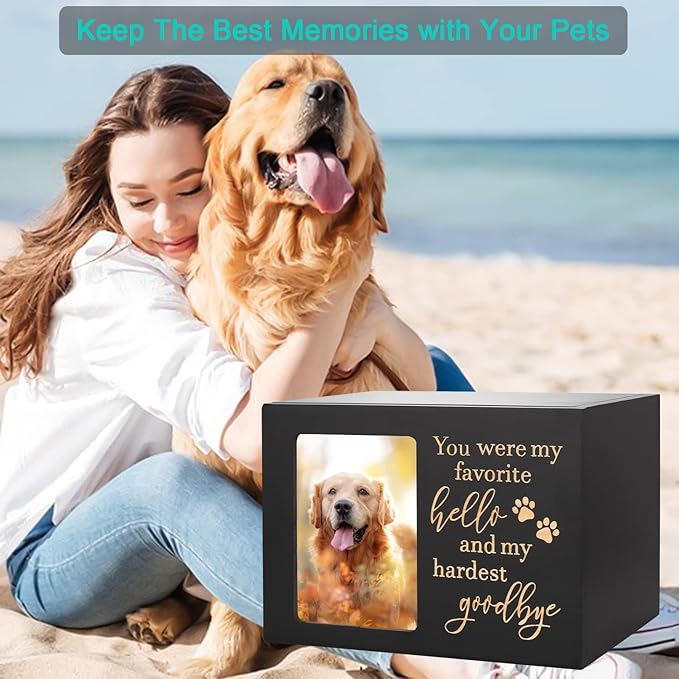 Pet Memorial Urns for Dog or Cat Ashes, XLarge Wooden Funeral Cremation Urns with Photo Frame, Keepsake Memory Box with Black Flannel Lining