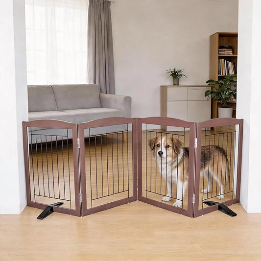 Dog Fence Indoor,Dog Gate Indoor for Doorway pet gate -4-Panel Freestanding, Hallways, House or Stairs -80x24-Inch Retractable Foldable Expandable Wood Pet by SFJC (Brown) ﻿