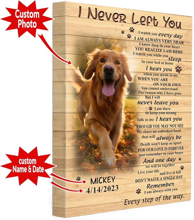PC72713 I Never Left You Dog Canvas, Memoria Vertical Canvas Gifts Custom Photo, Personalized Memorial Loss of Loved One, Sympathy for Dog Lovers Mom Dad Photo Memorial With Name Date