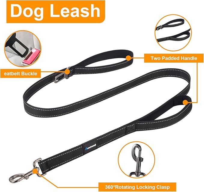 Annchwool Adjustable Dog Collar and 5 FT Leash Set with Heavy Duty Metal Buckle–Comfortable Lining Reflective Collar & Dual-Handles for Small Medium Large Dogs Walking,Running(Black Set,L:17’‘-23’‘)