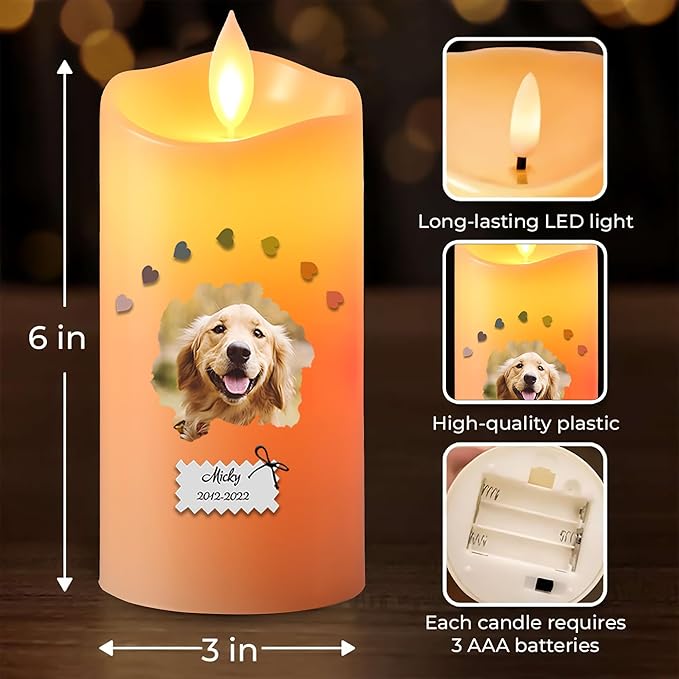 Custom LED Candle for Pet Memorial – Personalized Dog Loss Gift, Flickering Battery Tribute Candle, Electric Flameless Sympathy Gift