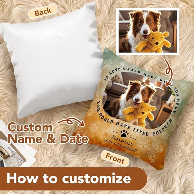 Bemaystar Personalized Pet-Memorial-Gifts for Dogs Pillow with Pet Photo, Dog Memrial Gifts for Loss of Dog, Loss of Pet Sympathy Gift Dog Cat Memorial Gifts (One Side)