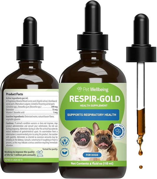 Pet Wellbeing Respir-Gold for Dogs - Lower Respiratory Support, Holistic Lung Health & Deep Breathing with Black Cumin & Horehound - NASC Certified & Vet Formulated - 4 fl oz (118 ml)